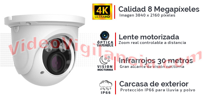 Cámara domo 4K 8 Megapíxeles con lente varifocal motorizada, infrarrojos y carcasa de exterior. 