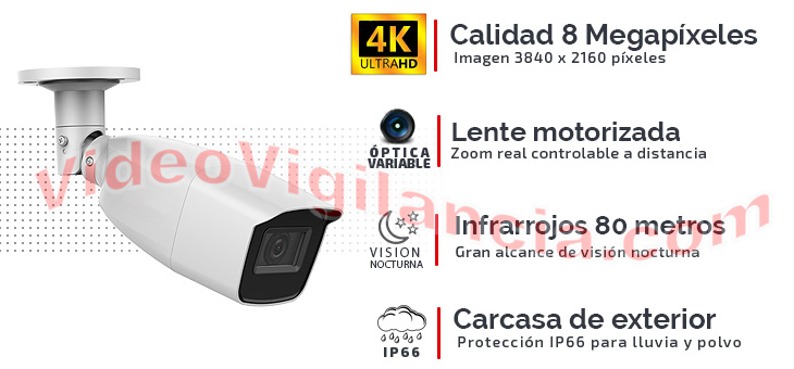 Cámara 4K 8 Megapíxeles con lente varifocal motorizada e infrarrojos de 80 metros.